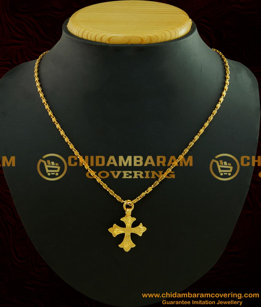 SCHN189 - Gold Plated Male Gold Cross Pendant with Short Chain Imitation Jewellery 
