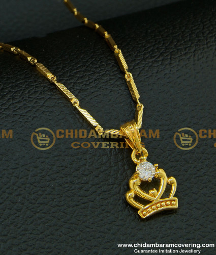 SCHN197 - Teenage Girls Diamond Stone Tiny Queen Crown Pendant Gold Designs with Short Chain