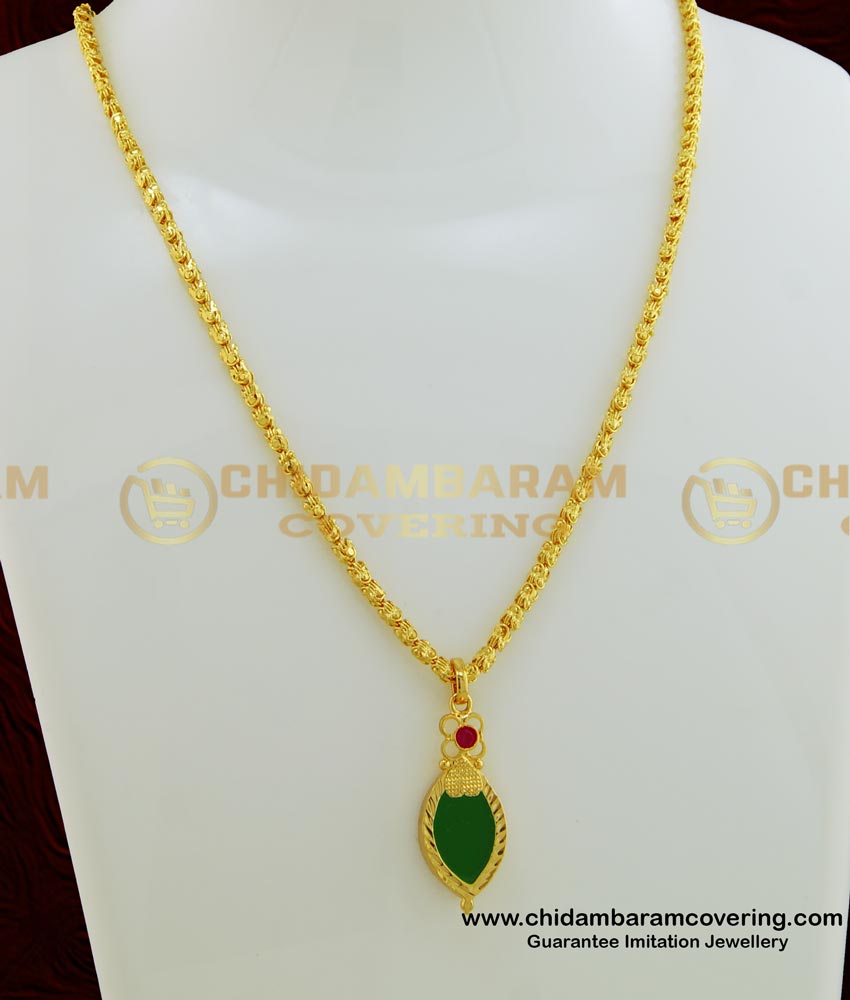 SCHN259 - Micro Gold Plated Kerala Jewelry Green Palakka Locket With Short Chain for Women palaka-locket-palaka-pendant-palaka-dollar-chain-palakka-locket-palakka-pendant-palakka-dollar-chain