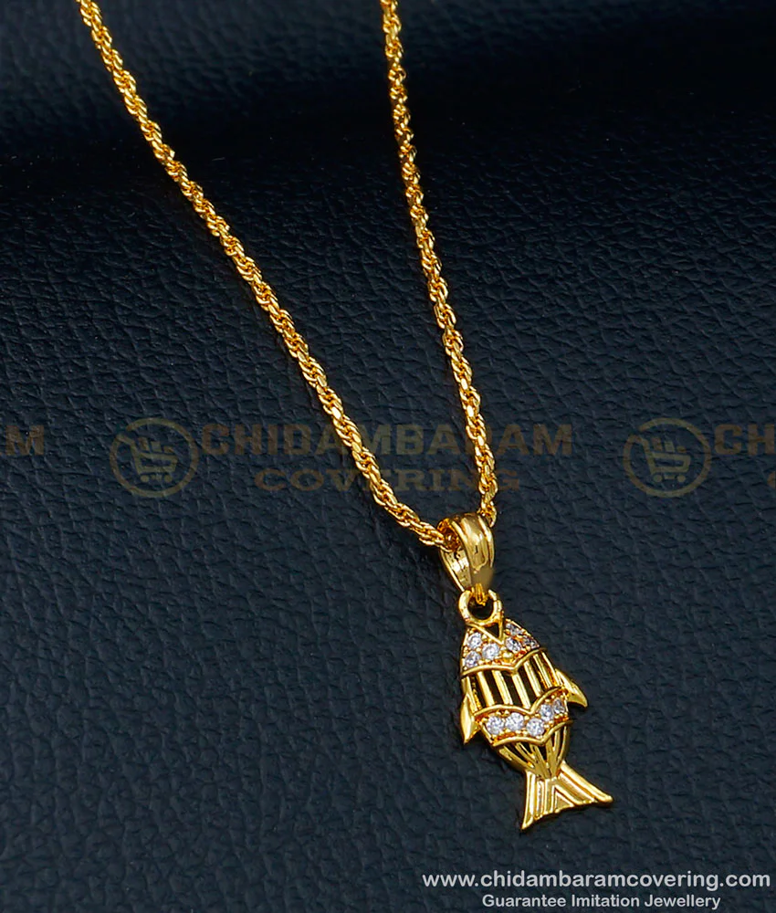 Buy One Gram Gold White Stone Fish Pendant with Matching Short Chain Online