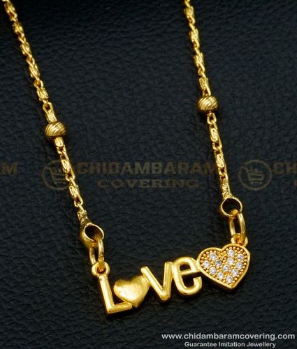 SCHN401 - Stylish Gold Design Love Heart Locket Chain White Stone Pendant Design for Girls