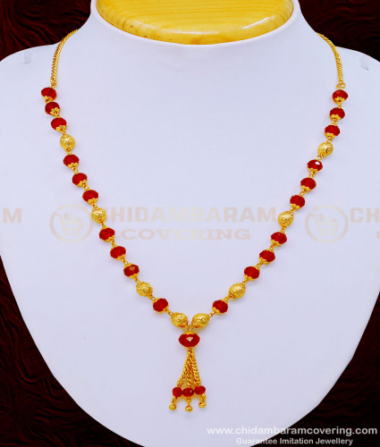 SCHN432 - Beautiful Daily Wear Red Crystal Beads Chain Designs