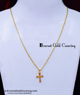 SCHN576 - 1 Gram Gold Cross Pendant Gold Design with Short Chain