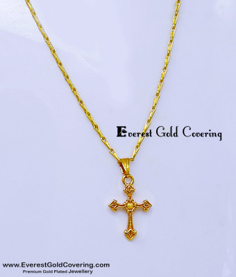 SCHN576 - 1 Gram Gold Cross Pendant Gold Design with Short Chain