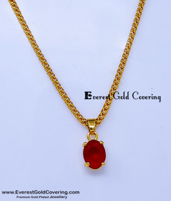 SCHN589 - Modern Gold Plated Single Red Stone Locket Chain Design