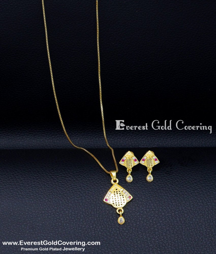 White and Ruby Stone Small Pendant with Earrings Set daily wear simple gold pendant set