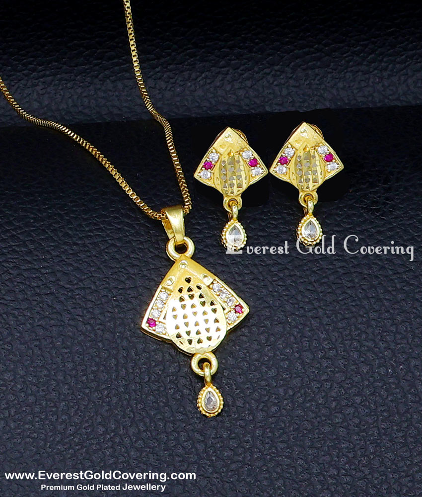 White and Ruby Stone Small Pendant with Earrings Set daily wear simple gold pendant set
