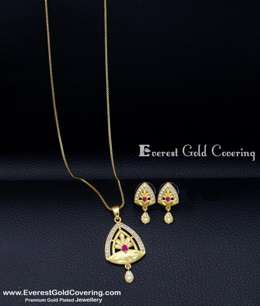 Gold Plated Simple Thin Short Chain with Pendant Set light weight 1 gram gold pendant designs