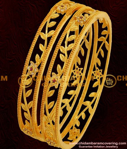 BNG051 - 2.8 Size Elegant Stylish Floral Stone Party Wear Bangles Exclusive One Gram Gold Plated Jewellery Online