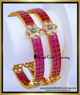 BNG1016 -2.8 High Quality Floral Design Ruby and American Diamond Bangles