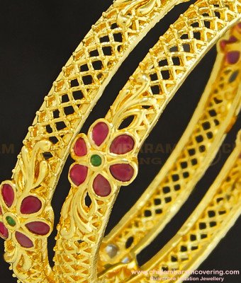 BNG259 - 2.4 Size Beautiful New Model White Stone Ruby Stone Flower Design Heavy Gold Bridal Bangles 