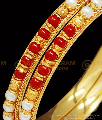 BNG401 - 2.6 Size Colorful Pearl and Red Coral Bangles One Gram Gold Plated Indian Beads Bangles Online