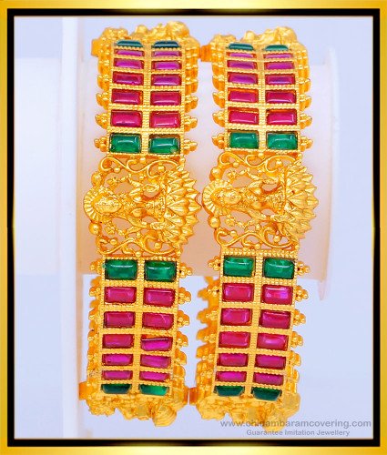 BNG467 -2.68 Size Traditional Temple Jewellery Kemp Stone Lakshmi Design Temple Bangles for Wedding  