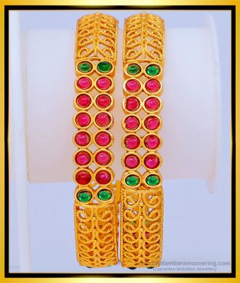 BNG468 -2.6 Size Unique Green and Pink Stone Party Wear Temple Bangles for Women   