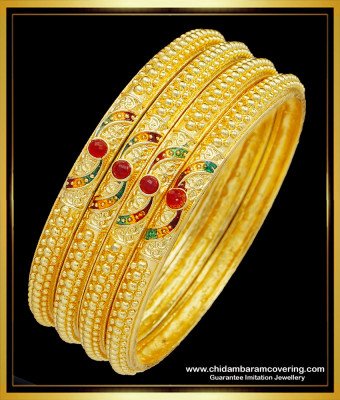 BNG511 - 2.10 Size Buy Bridal Wear Hand Red Stone Gold Forming Bangles 4 Pieces Set Best Price