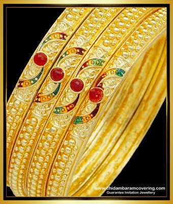 BNG511 - 2.10 Size Buy Bridal Wear Hand Red Stone Gold Forming Bangles 4 Pieces Set Best Price