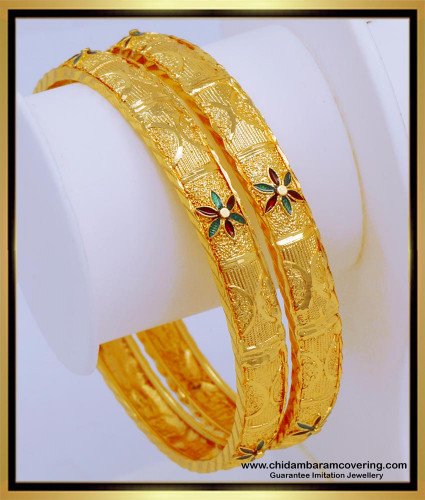 BNG566 - 2.6 Size Latest Flower Design One Gram Gold Plated Bangles Online Shopping 