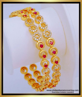 BNG576 - 2.6 Size Elegant Bridal Wear White and Ruby Full Stone Bangles Imitation Jewelry