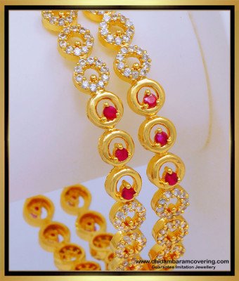 BNG576 - 2.6 Size Elegant Bridal Wear White and Ruby Full Stone Bangles Imitation Jewelry