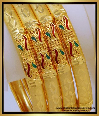 BNG593 - 2.8 Size Gold Look Enamel Forming Gold Wedding Bangles Set for Women 