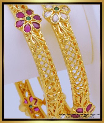 BNG604 - 2.8 Size Beautiful New Model White and Ruby Stone Flower Design Thick Gold Bangles