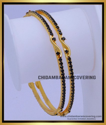 BNG719 - 2.4 Size Beautiful Gold Plated Black Stone Bangles for Ladies