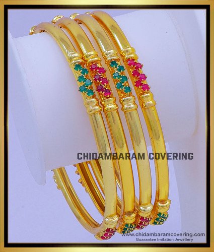 BNG725 - 2.8 Size Latest Ruby Emerald Stone 1gm Gold Plated Bangles