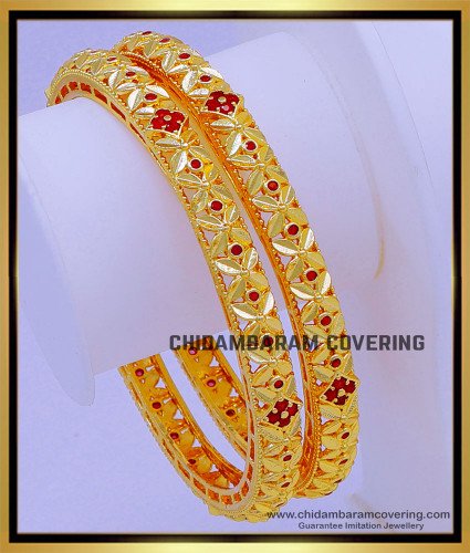 BNG728 - 2.8 Size Real Gold Look Ruby Stone Bangles Design for Women 