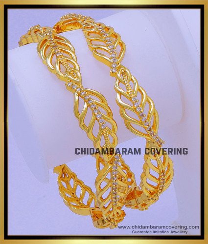 BNG730 - 2.6 Size Unique Leaf Design White Stone Gold Plated Bangles 