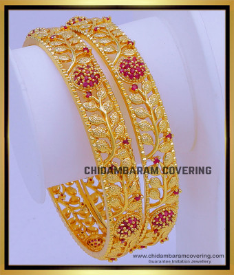 BNG733 - 2.8 Size Gold Look Leaf Model Ruby Stone Bangles Design Buy Online