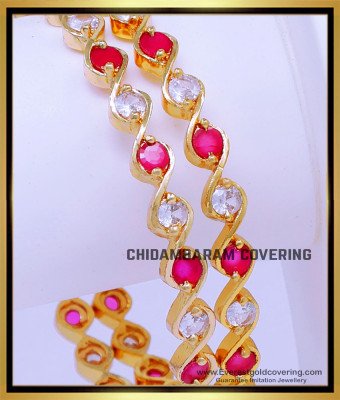 BNG854 - 2.8 Impon White and Ruby Stone Bangles Gold Design
