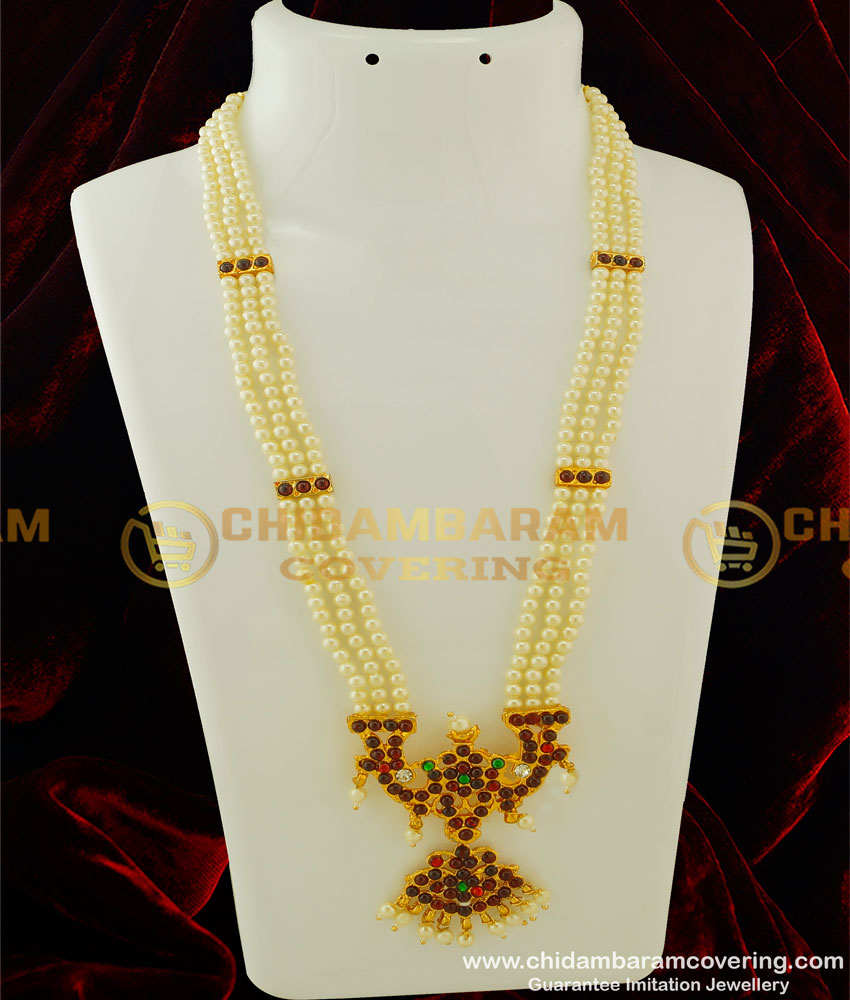 BNS04 - Temple Jewellery 3 Line Muthu Malai Haram Pearl Haram Classical Dance Jewellery Online BNS04 - Temple Jewellery 3 Line Muthu Malai Haram Pearl Haram Classical Dance Jewellery Online