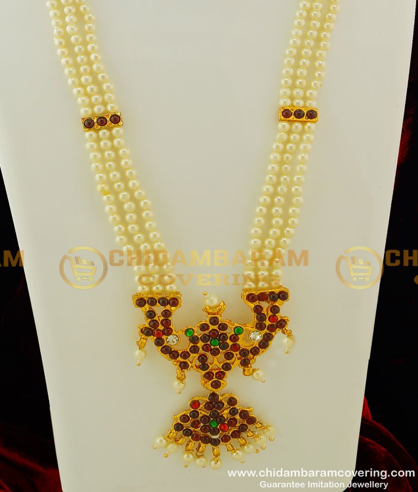 BNS04 - Temple Jewellery 3 Line Muthu Malai Haram Pearl Haram Classical Dance Jewellery Online BNS04 - Temple Jewellery 3 Line Muthu Malai Haram Pearl Haram Classical Dance Jewellery Online