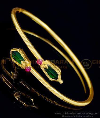BCT341 - 2.6 size One Gram Gold Plated Open Type Green Nagapadam Bracelet Design Online