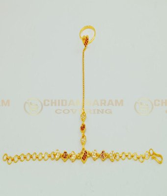 RNG002 - Simple Stone Hand Bracelet with Attached Single Ring Designer Indian Finger Ring Bracelet for Girls 