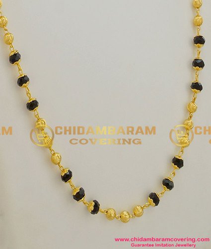 CHN008-LG - 30 inches Single Line Gold Plated Black Crystal Mala Black Beads Mangalsutra Chain (Karimani Chain)