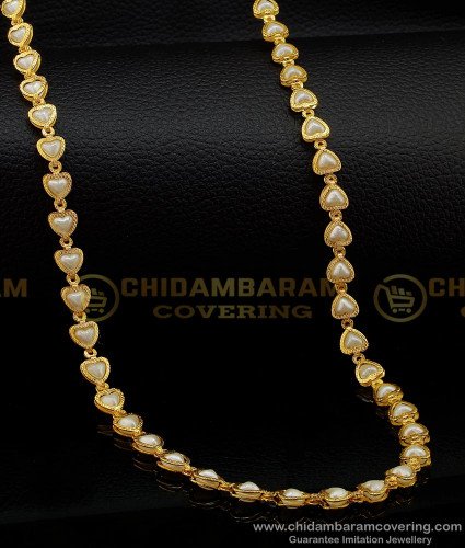 CHN178 - Unique Pattern Stunning Gold Pearl Chain Heart Design with White Beads Chain 1 Gram Gold Chain Buy Online