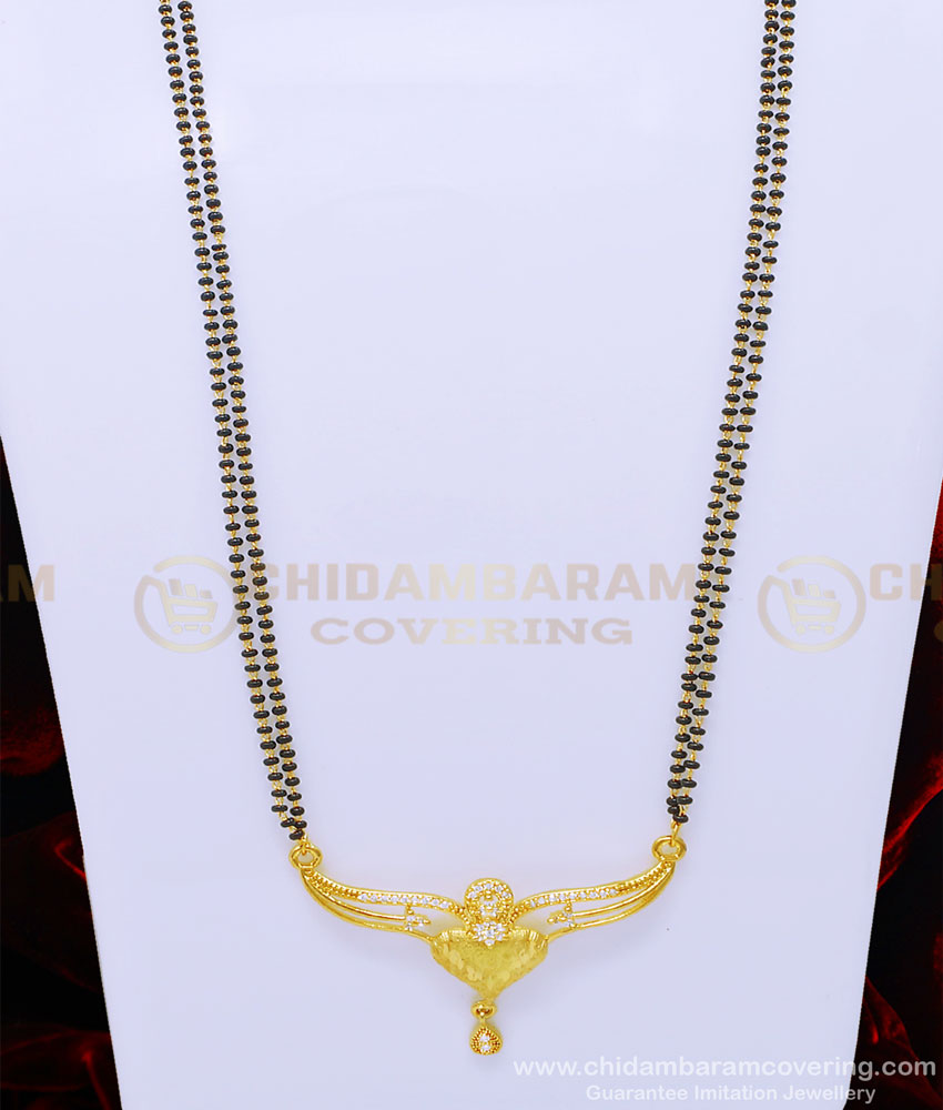 CHN200 - Gold Forming Modern White Stone Pendant with Black Beads Mangalsutra for Women black beads mangalsutra, long Mangalsutra,