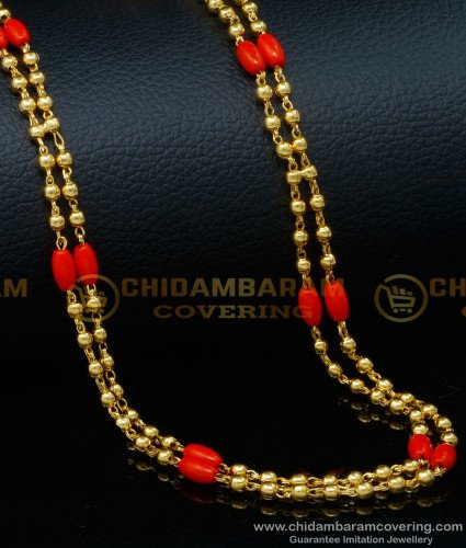 CHN255 - Traditional Gold Design Red Coral Two Line Chain Gold Pavazham Chain Buy Online