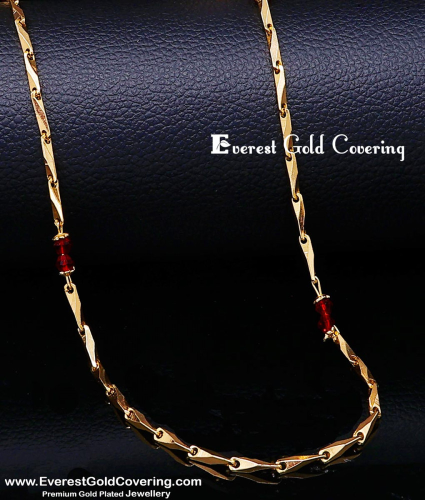 CHN428 - Gold Plated Red Crystal Beads South Indian Chain Design