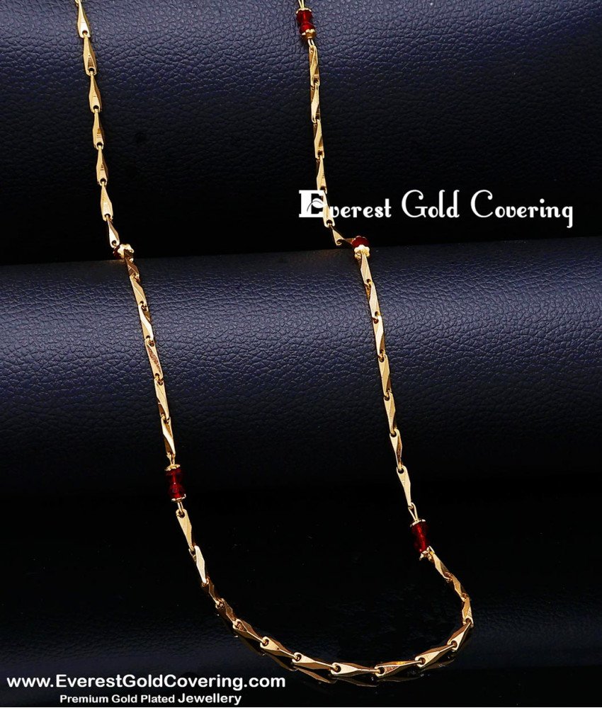 CHN428 - Gold Plated Red Crystal Beads South Indian Chain Design