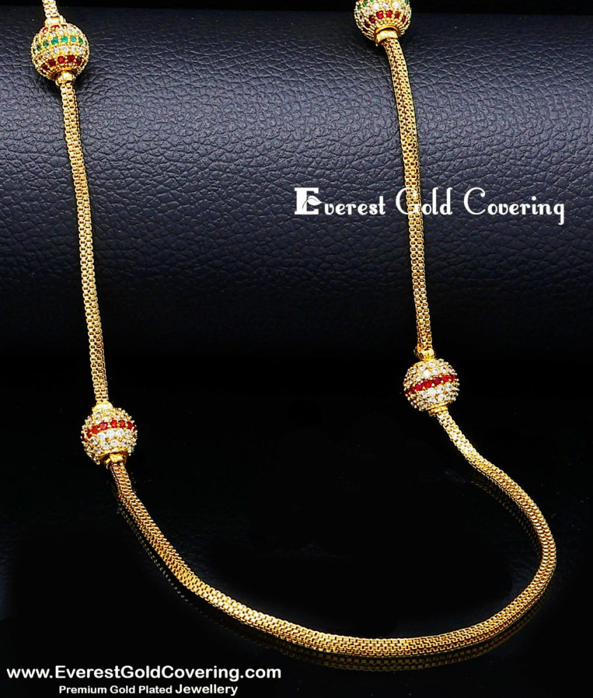 Gold Plated Square Chain with Stone Ball Design for Women Long gold-plated chain with ball design