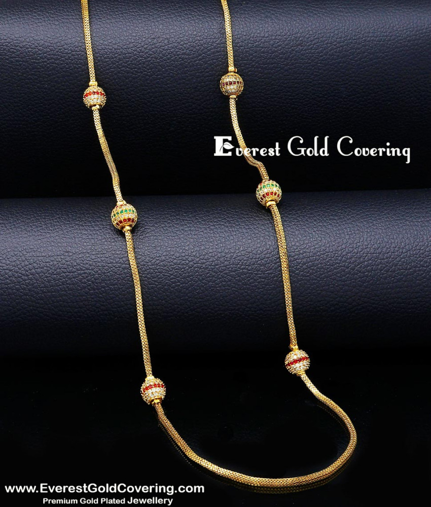 Gold Plated Square Chain with Stone Ball Design for Women Long gold-plated chain with ball design