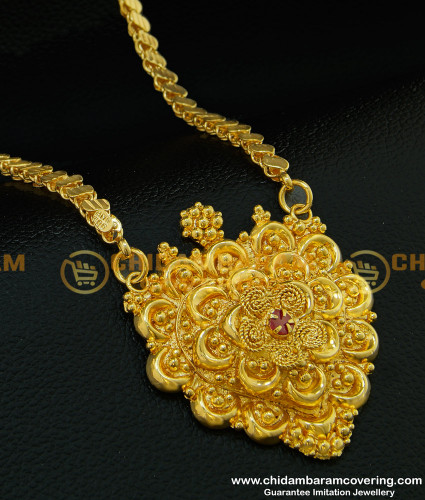 DCHN085 - New Pattern Single Ruby Stone Locket Design With Leaf Cutting Long Chain Buy Online
