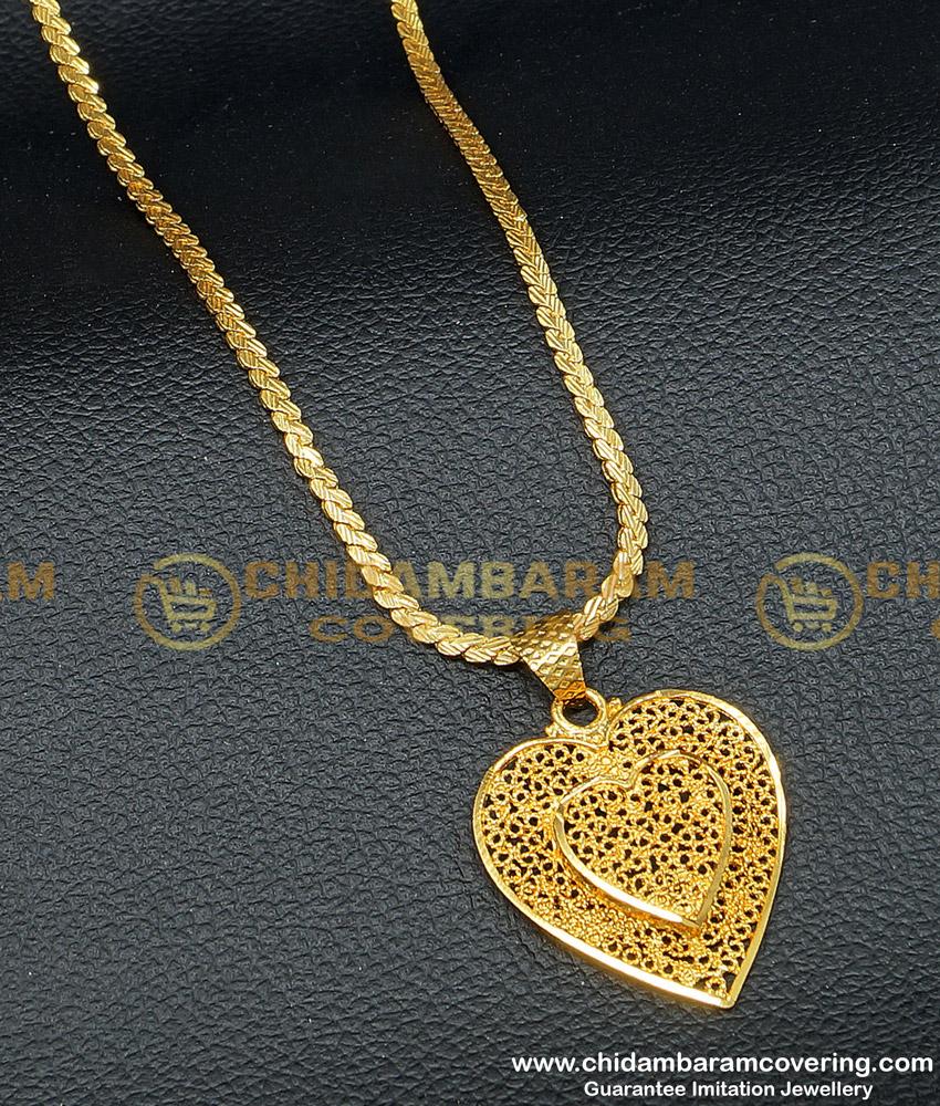 DCHN136 - Real Gold Design Heart Shape Medium Size Designer Pendant with Chain for Female covering dollar chain, covering dollar,