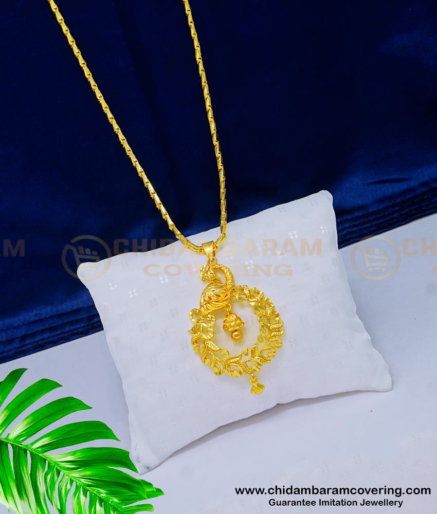 DCHN143 - Unique Peacock Design Party Wear Plain Gold Pendant Design With 24 Inches Chain dollar chain. pendant chain, dollar with chain, pendant with chain, gold dollar chain, gold locket chain, south indian jewellery, one gram gold jewelry,