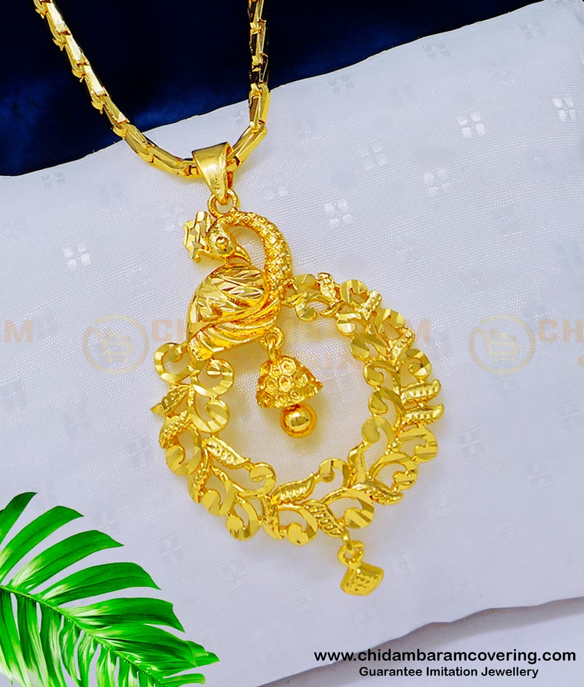 DCHN143 - Unique Peacock Design Party Wear Plain Gold Pendant Design With 24 Inches Chain dollar chain. pendant chain, dollar with chain, pendant with chain, gold dollar chain, gold locket chain, south indian jewellery, one gram gold jewelry,