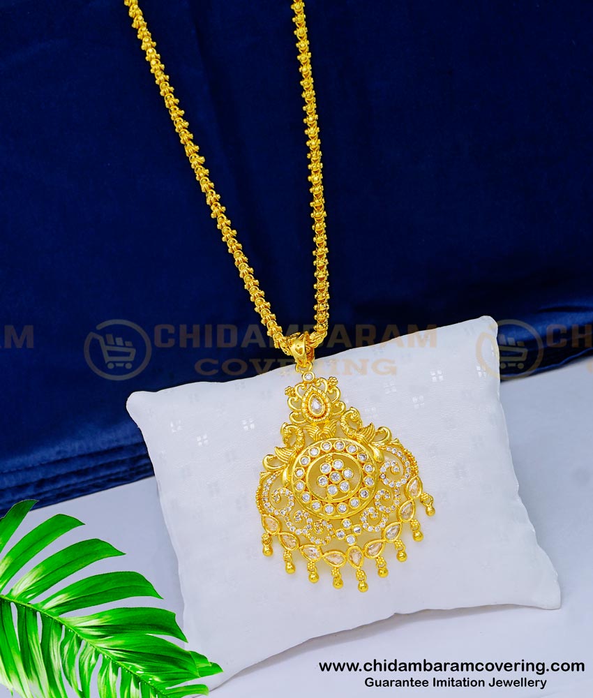 DCHN174 - Latest Collection American Diamond White Stone Pendant with Long Chain Online dollar chain. pendant chain, dollar with chain, pendant with chain, gold dollar chain, gold locket chain, south indian jewellery, one gram gold jewelry,