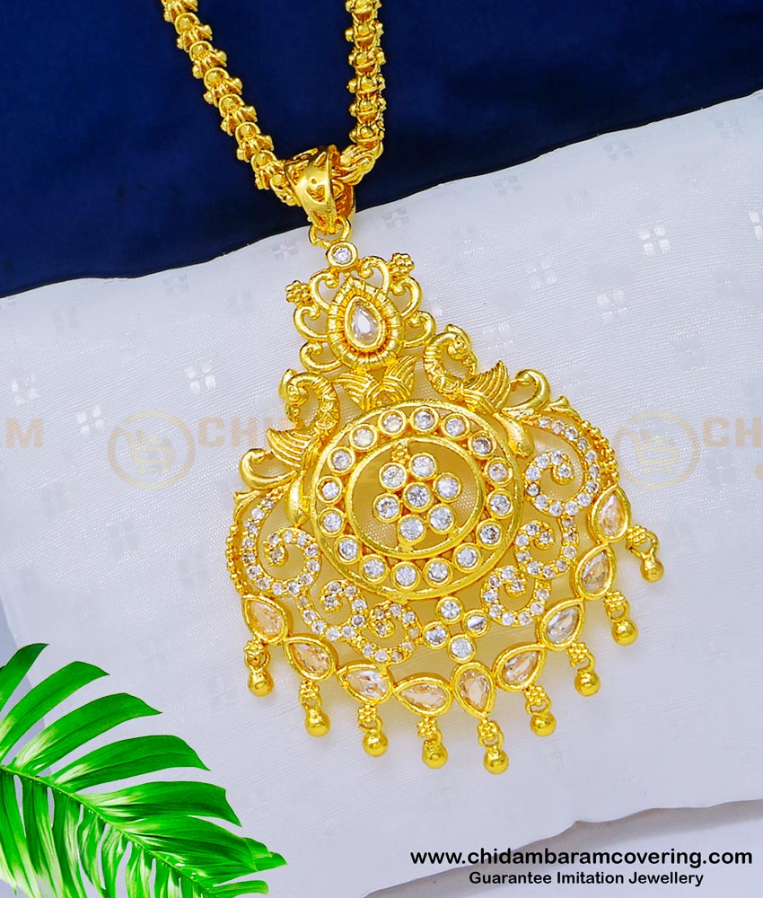 DCHN174 - Latest Collection American Diamond White Stone Pendant with Long Chain Online dollar chain. pendant chain, dollar with chain, pendant with chain, gold dollar chain, gold locket chain, south indian jewellery, one gram gold jewelry,