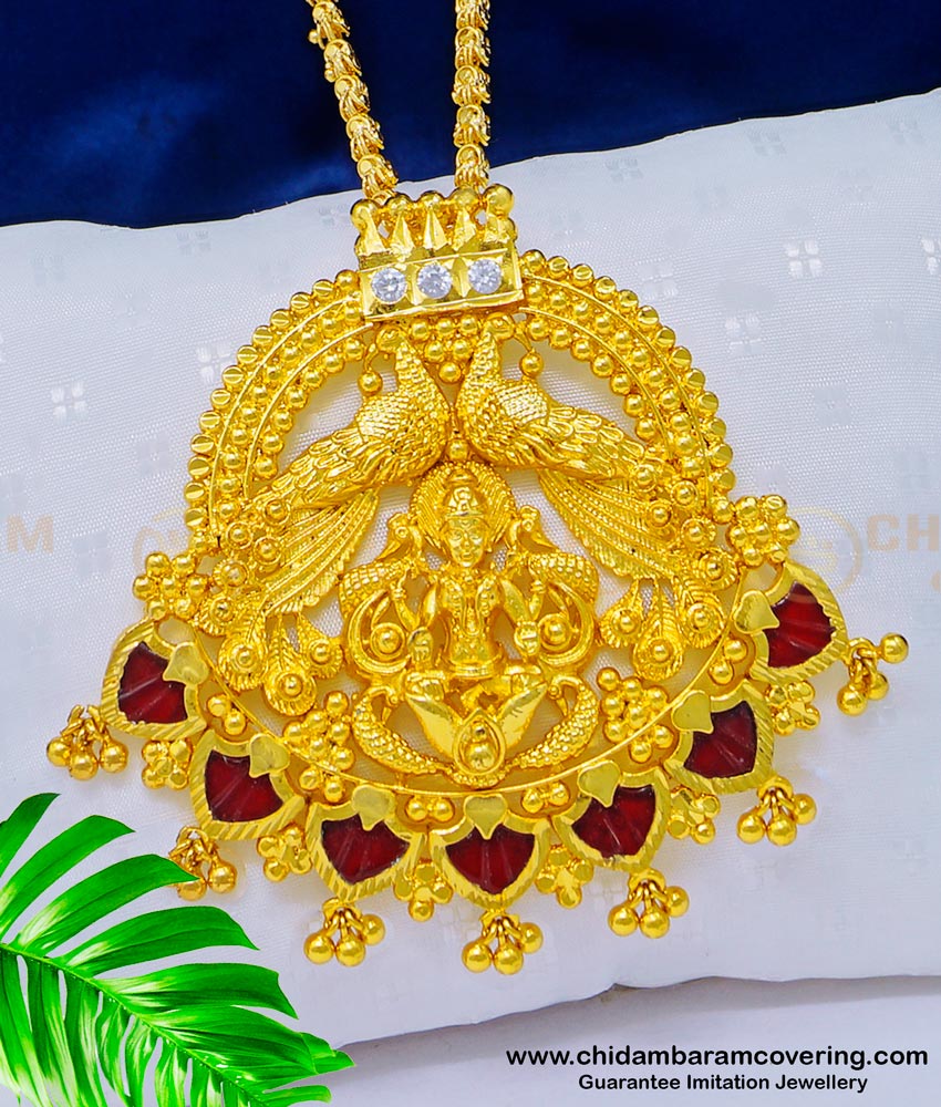 DCHN175 - Kerala Palakka Pendant Hand Work Peacock and Lakshmi Palakka Dollar with Long Chain Online palakka dollar. dollar chain, kerala palaka locket chain, red palaka chain,